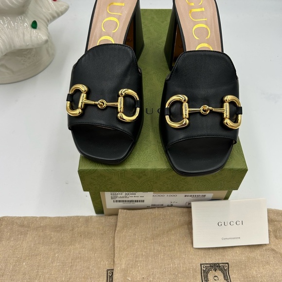 Women's Gucci Horsebit Leather mid heel slide sandal size 37.5 made in Italy - Picture 3 of 9